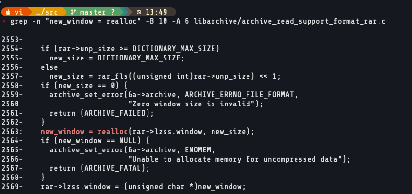 The LZSS window allocation in parse_codes, sized from attacker-controlled unp_size