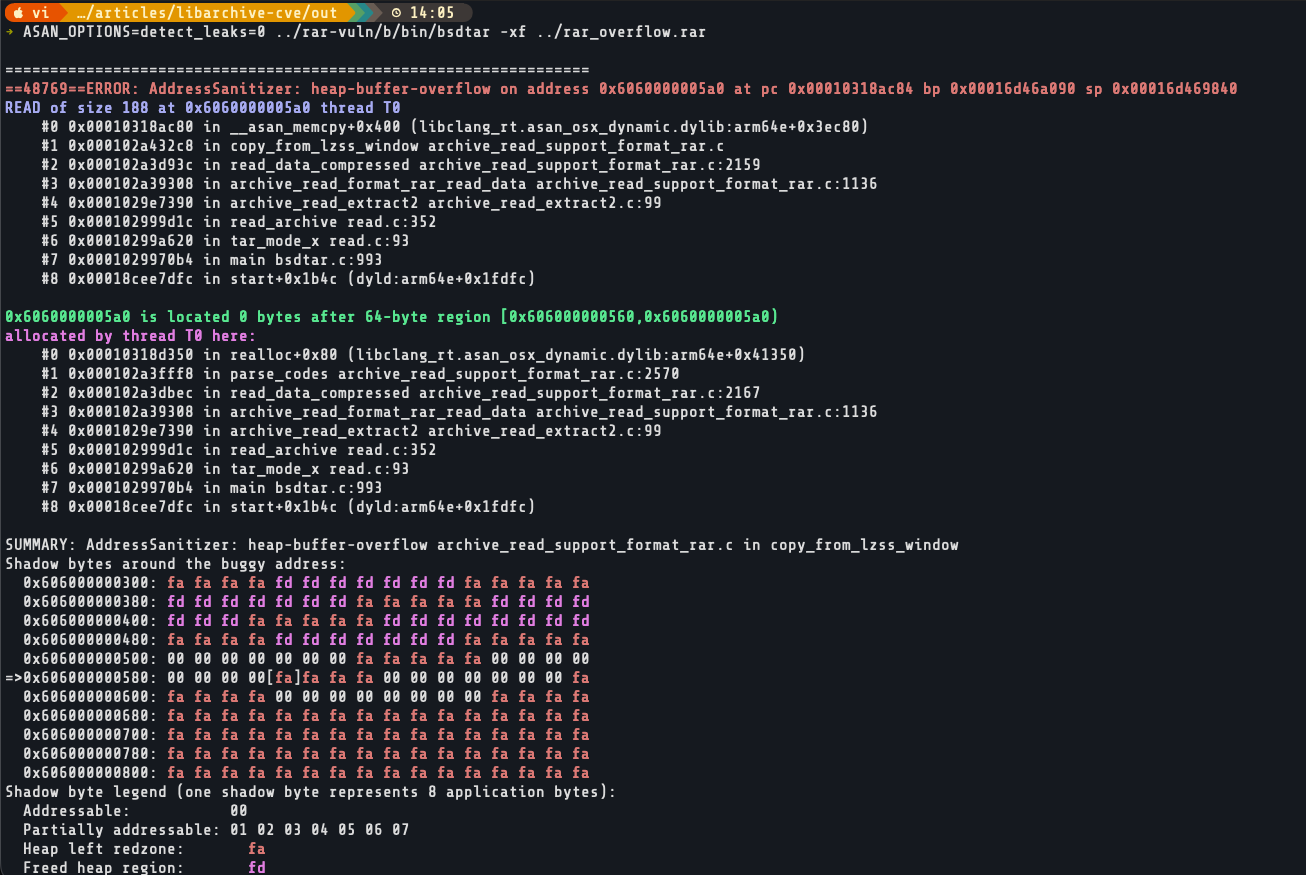 AddressSanitizer heap-buffer-overflow report on macOS