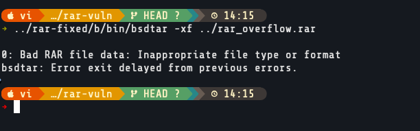 The fixed build rejects the same archive without crashing