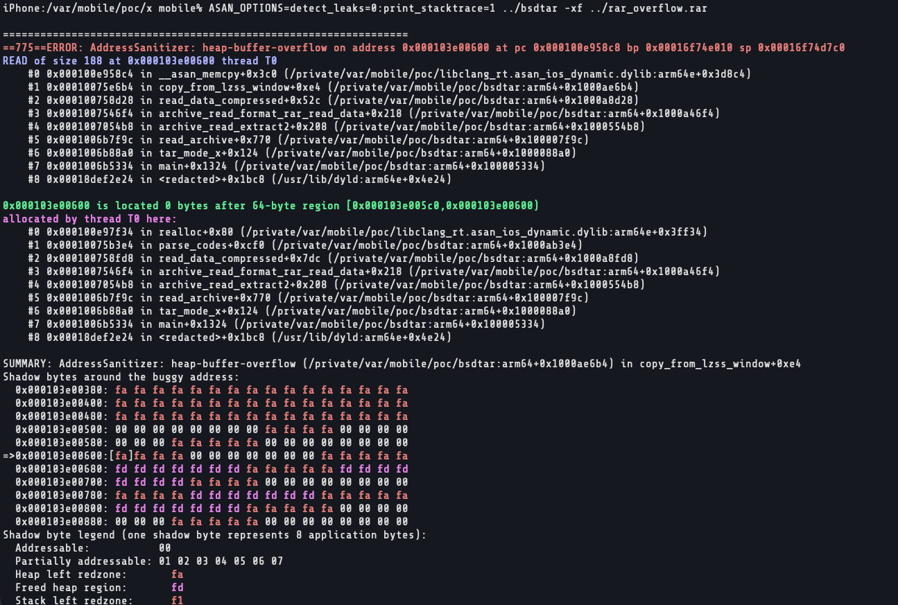 AddressSanitizer heap-buffer-overflow triggered on a physical iPhone running iOS 26.1