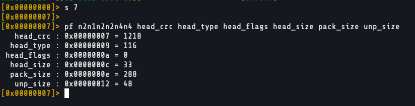 Parsing the RAR file header fields in radare2