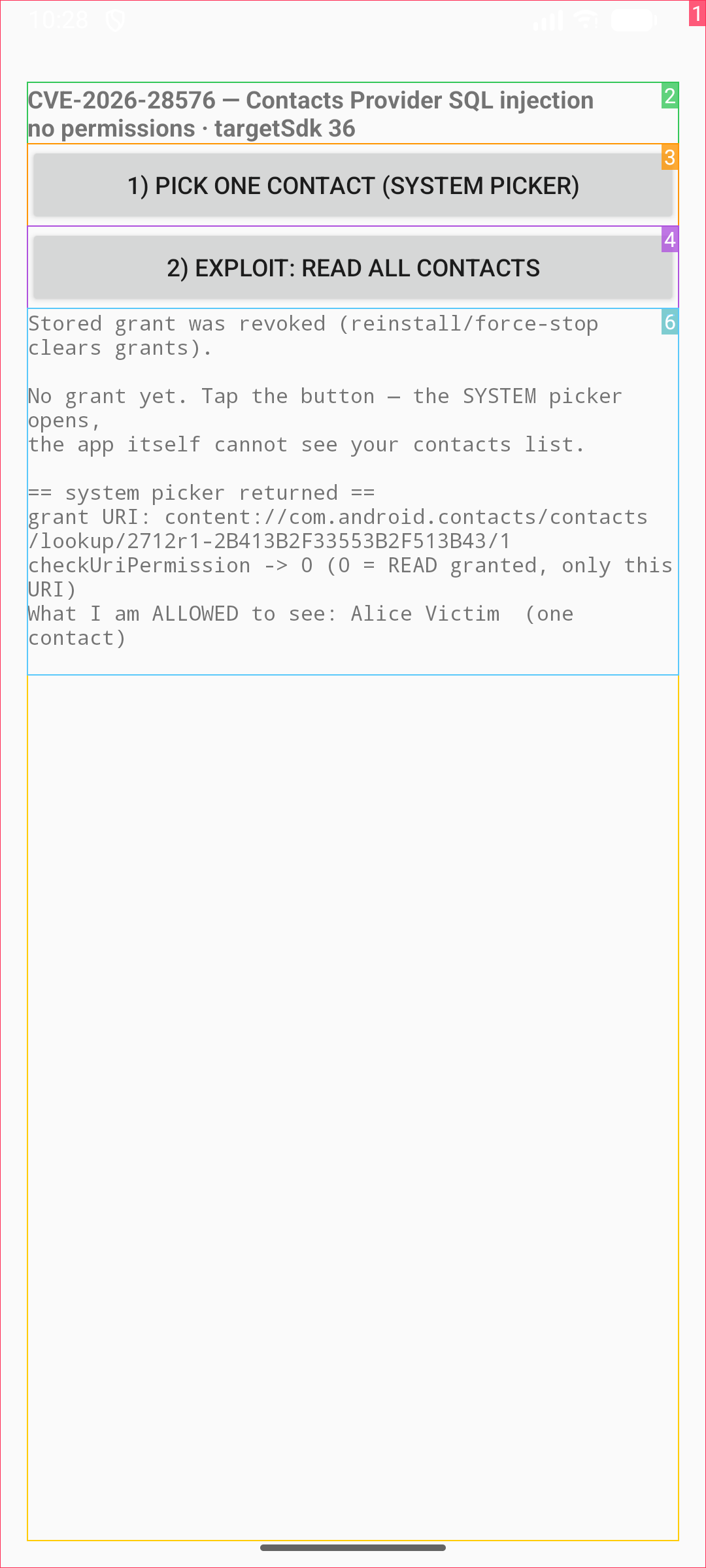 The PoC app showing the system-issued URI grant for one picked contact, with checkUriPermission returning 0 and the single contact name it is allowed to see