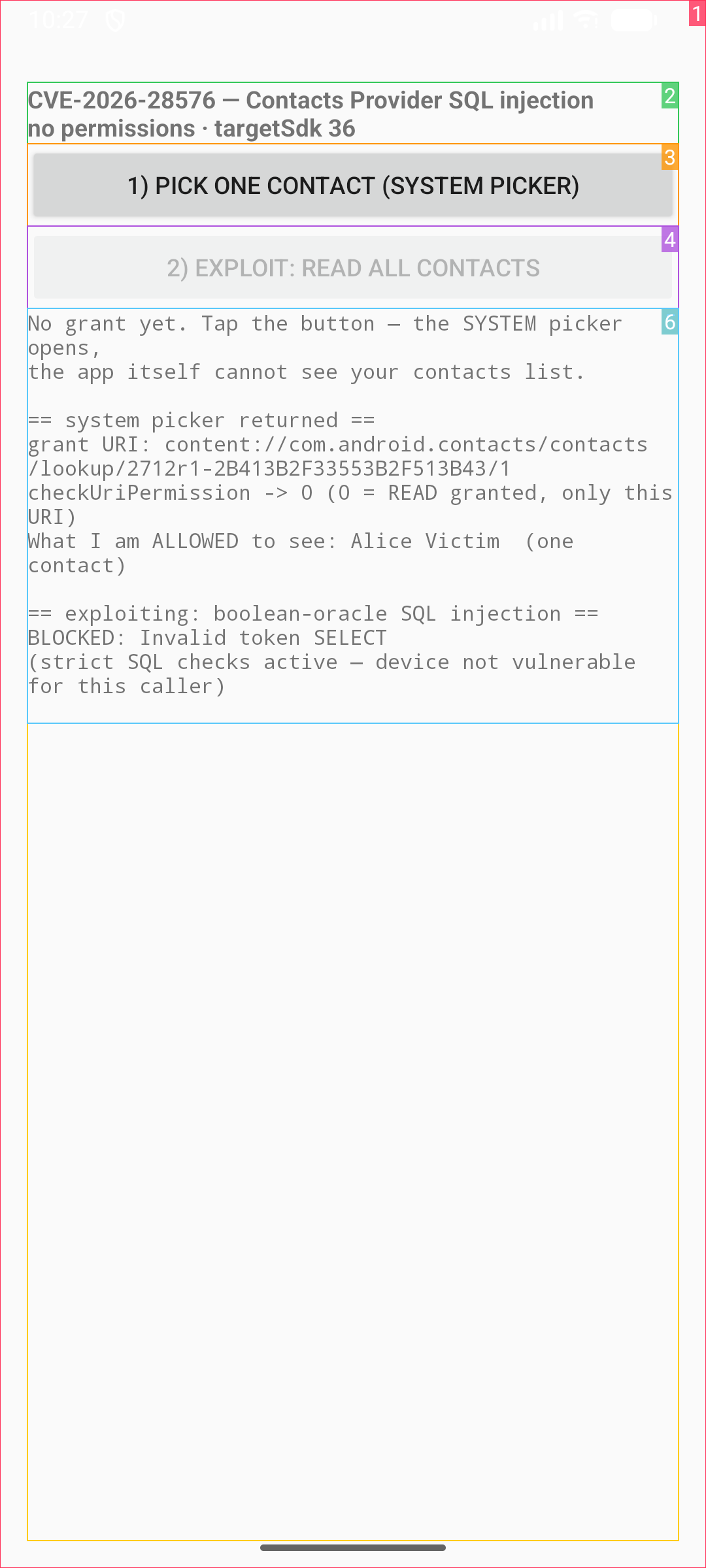 The same PoC app, same system grant, but with strict SQL checks enabled: the injection is rejected with Invalid token SELECT