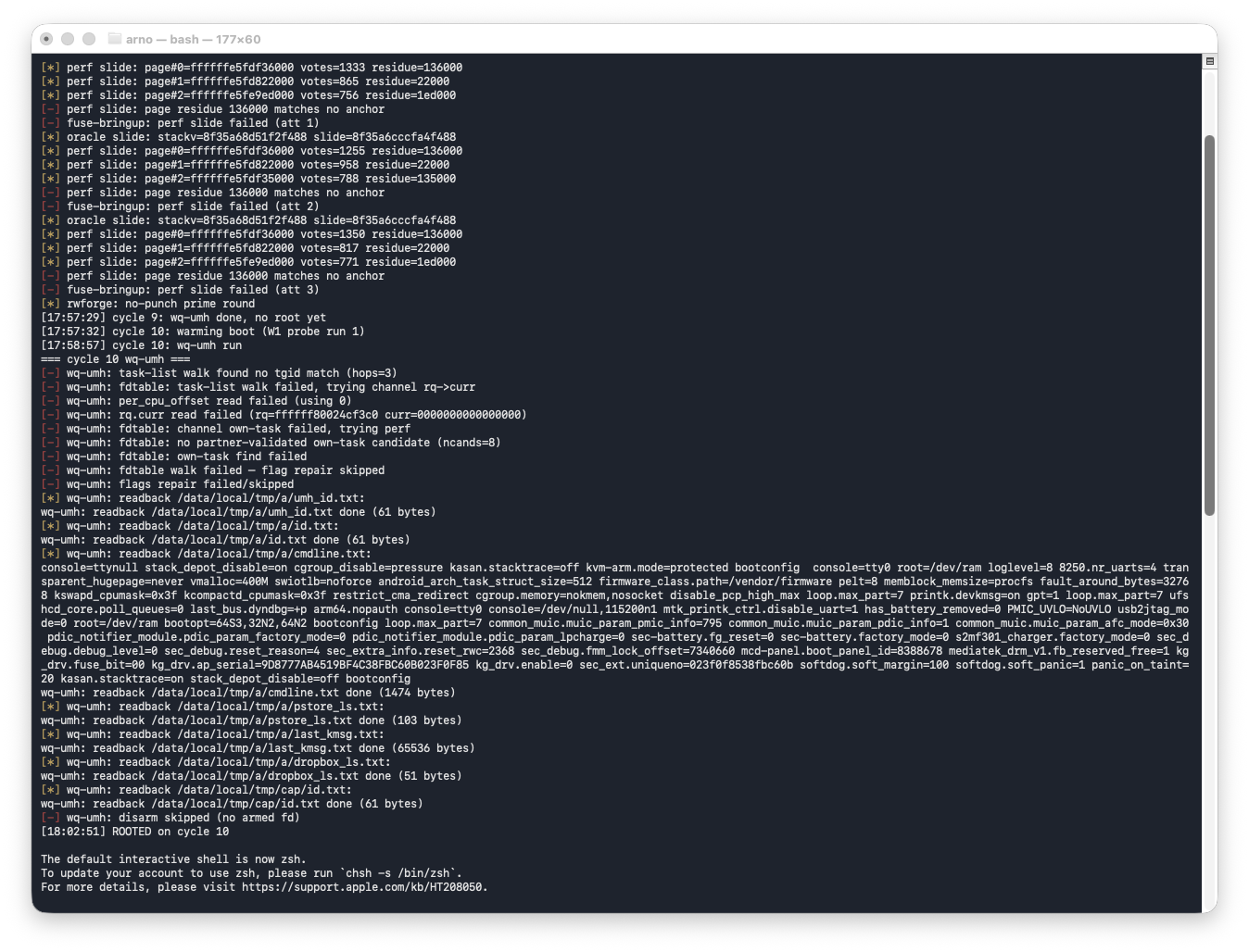 Terminal window showing rr_loop4.log: perf-slide failures across cycles 8 and 9, then the cycle-10 block ending in ROOTED on cycle 10 at 18:02:51