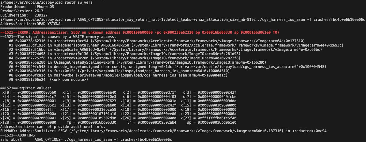 ASan report on an iPhone running iOS 26.3: SEGV write in vImageHorizontalShear_ARGB16U via IIOSubsampler::subsampleRGBA16 from CGImageCreateByScaling