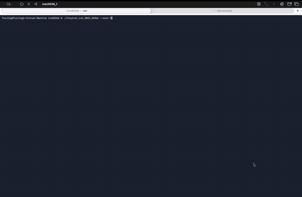 LibAFL + TinyInst fuzzer rediscovering CVE-2026-65346 on macOS 26.6.1, launch, Bus error crash with vImage backtrace, campaign continues